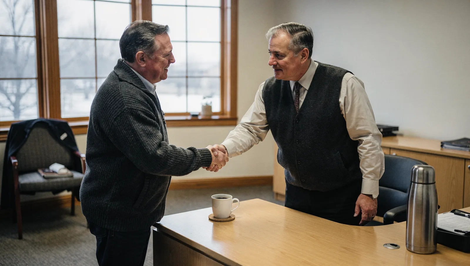 Two professionals standing and shaking hands over a corner desk in a sunlit office suite.