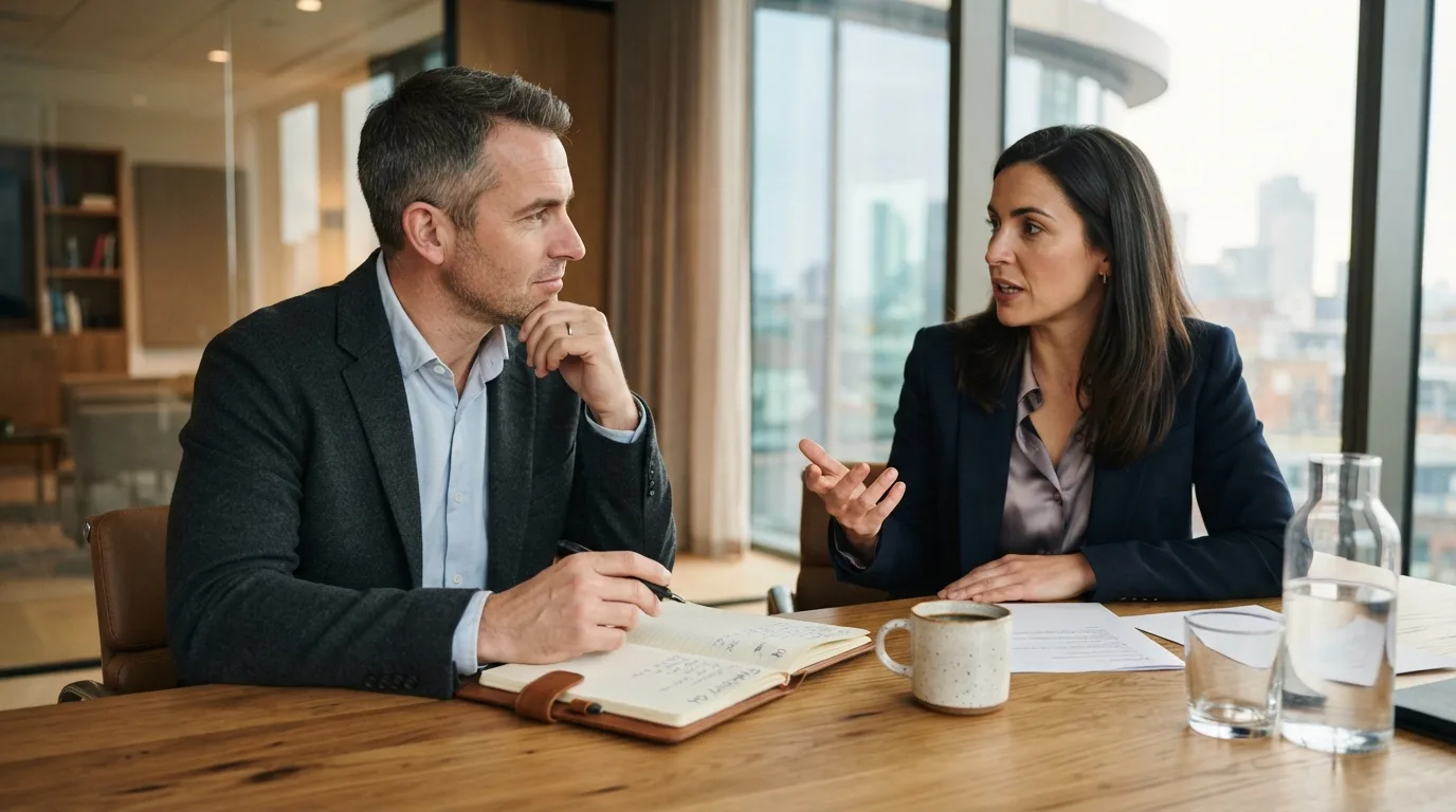 Two professionals in smart-casual clothes having a focused discussion across an oak table in a sunlit boardroom.