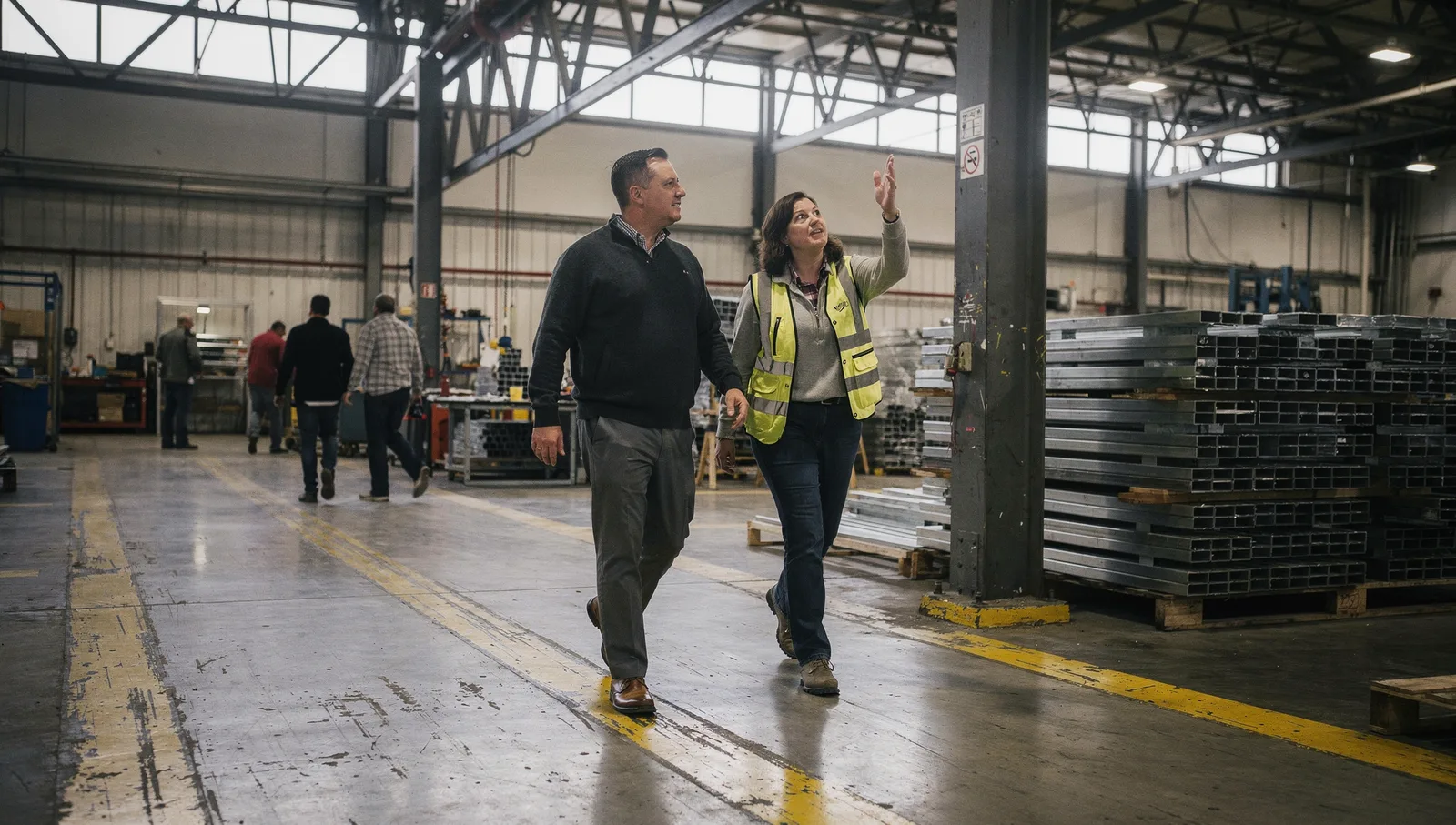 A financial advisor and an engineer in a safety vest walk through a light manufacturing bay, gesturing upward.