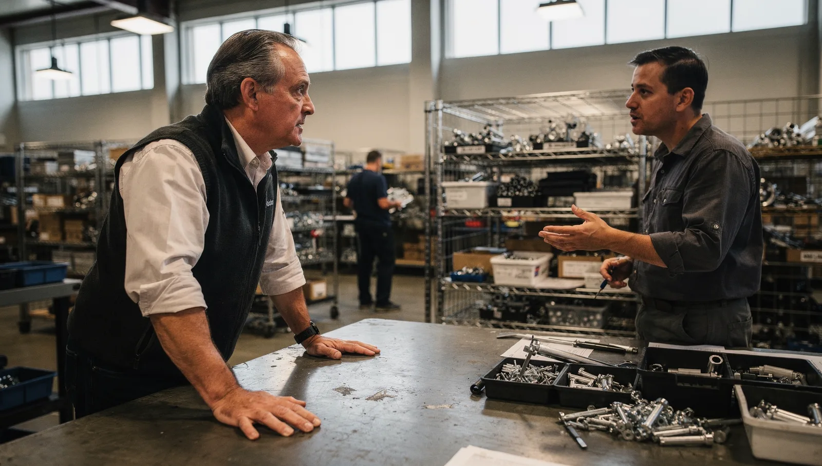 A fractional CFO and operations manager discuss inventory at a worktable in a robotics warehouse facility.