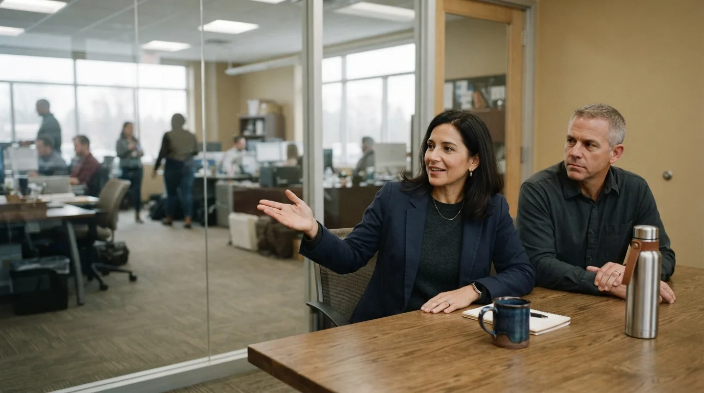 A woman in a navy blazer talking and gesturing beside a colleague at an oak conference table in a sunlit office.