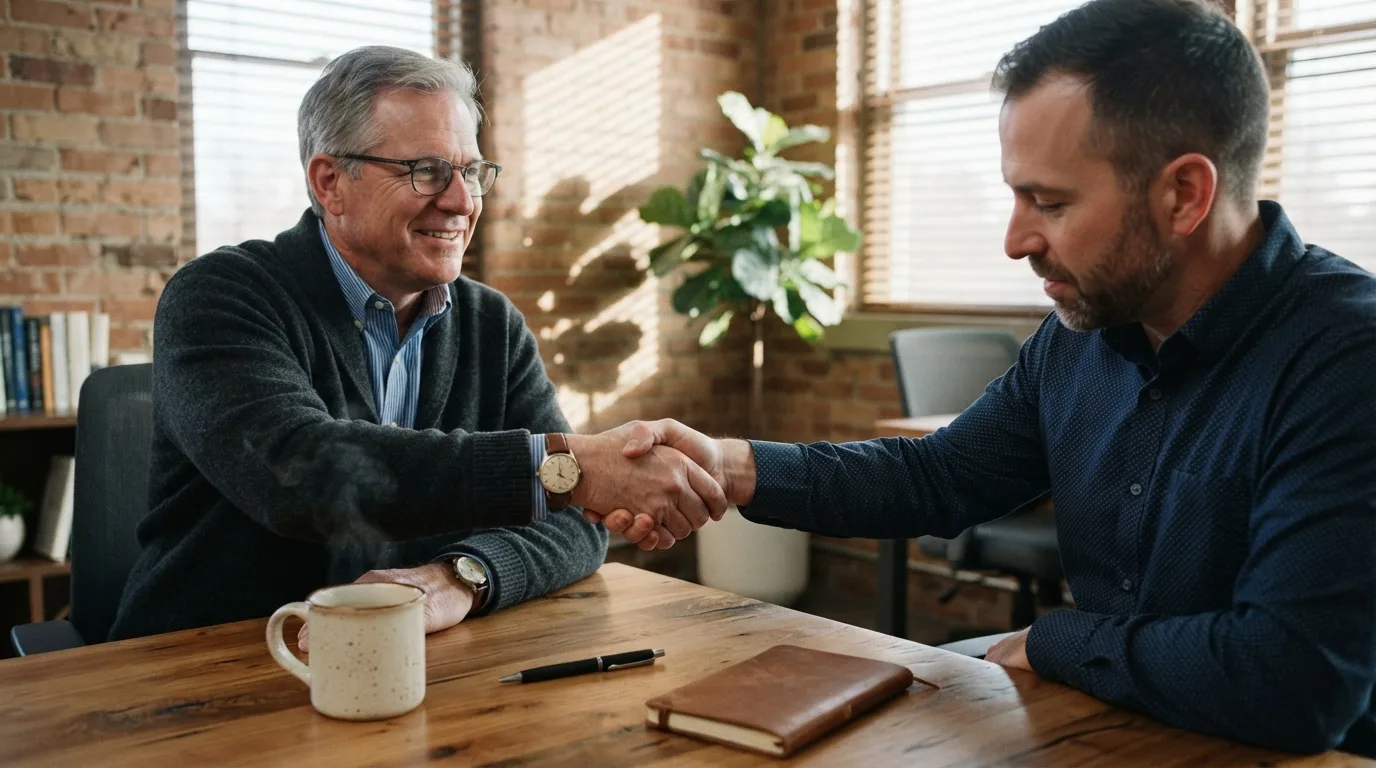 A fractional CFO in a cardigan shaking hands with a company founder across a maple desk in an office.