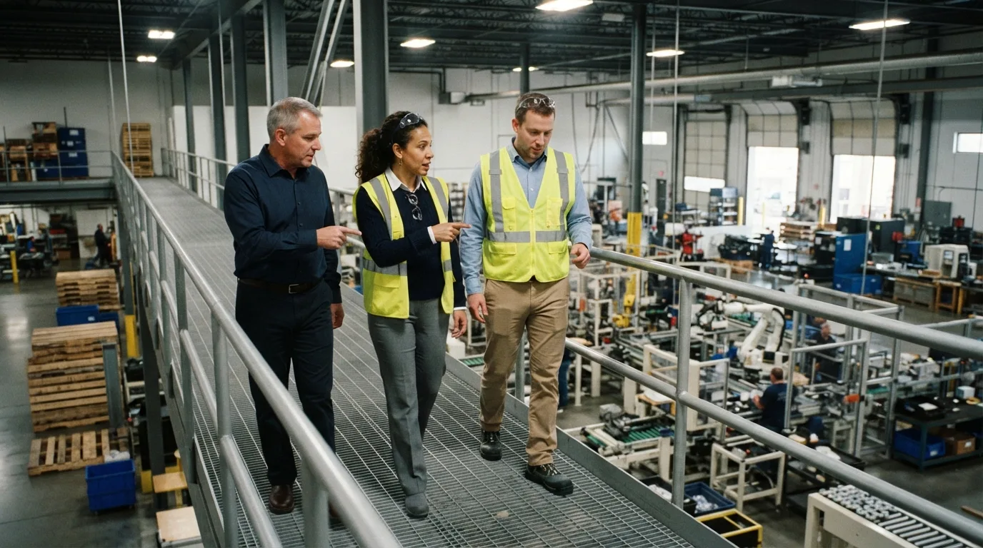 A financial consultant and plant managers in safety vests look at an assembly line from a factory mezzanine.