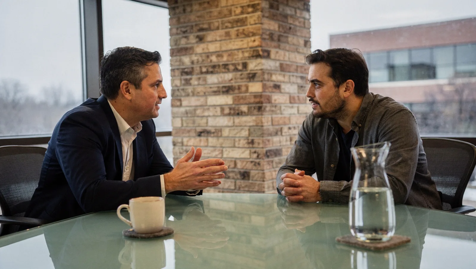 Finance consultant in a navy blazer leaning across a glass table talking with a startup founder in an office.
